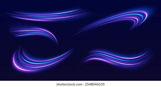 Speed police line set. Laser beams, horizontal light rays. Magic shining neon light line trails. Purple glowing wave swirl, impulse cable lines. High speed effect motion blur night lights