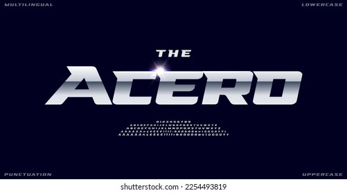 Speed and power typeface, multilingual alphabet with letters, numbers punctuation marks. Sleek shiny chrome symbols for sport font, dynamic logo, racing headline. Vector typographic design