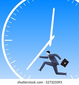 Speed up the process business concept. Confident businessman in business suit with case runs pushing the clock.