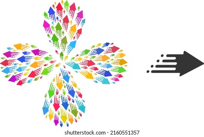 Speed Prozess Symbol farbige Rotation Blume mit 4 Blütenblätter Zusammensetzung. Objektblume, die aus den Icons der zufälligen Geschwindigkeit des Prozesses entworfen wurde. Vektorblumensymbol-Collage im flachen Stil.