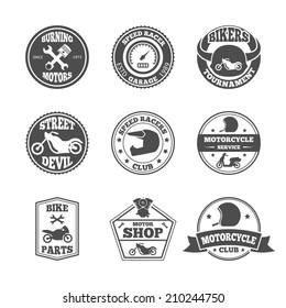 Speed race bikers garage repair service emblems and motorcycling clubs tournament labels collection isolated vector illustration