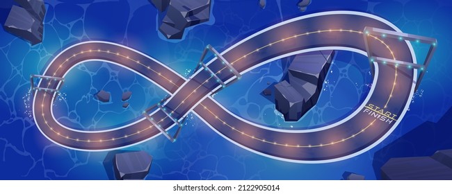 Speed Race Car Track With Light Markers At Night For Game Background. Vector Cartoon Illustration Of Circuit Road For Auto Rally Competition. Top View Of Loop Racetrack On Overpass Above Water