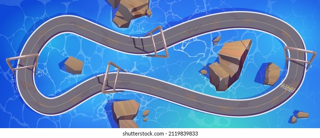 Speed race car track map for game background. Vector cartoon illustration of circuit road for auto rally competition top view. Loop racetrack on overpass above water