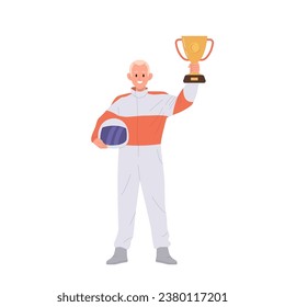 Speed race driver cartoon character in uniform holding helmet and trophy goblet cup reward