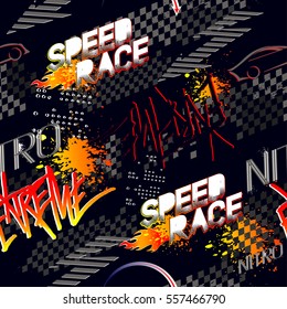 Speed race logo on taxi flag squares and fire silhouette, spray paint, lightning arrow, grunge text extreme. T shirt design for boys, wallpaper on dark background. Abstract seamless pattern