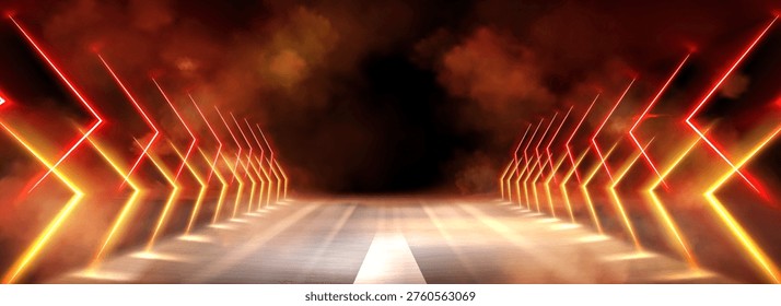 Speed race road perspective with glowing neon arrows. Vector realistic illustration of futuristic tunnel with red light trails and smoke on black background, abstract banner design, motion effect