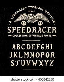  SPEED RACER. Hand crafted retro vintage typeface design. Original handmade textured lettering type alphabet on navy background. Authentic handwritten font, vector letters.