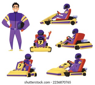 Speed racer or kart driver in and out of the car, flat cartoon vector illustration isolated on white background. Karting race icons and symbols collection.