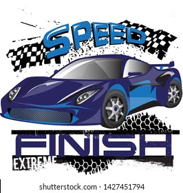 Speed racer poster with blue sport car, flag, dirty spray pint ink. Automobile illustration. boys background  For print, baby clothes, t shirt, child or posters