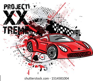 Speed Racer Poster With Red Sport Car, Flag, Dirty Spray Pint Ink. Automobile Illustration. Boys Background  For Print, Baby Clothes, T Shirt, Child Or Posters