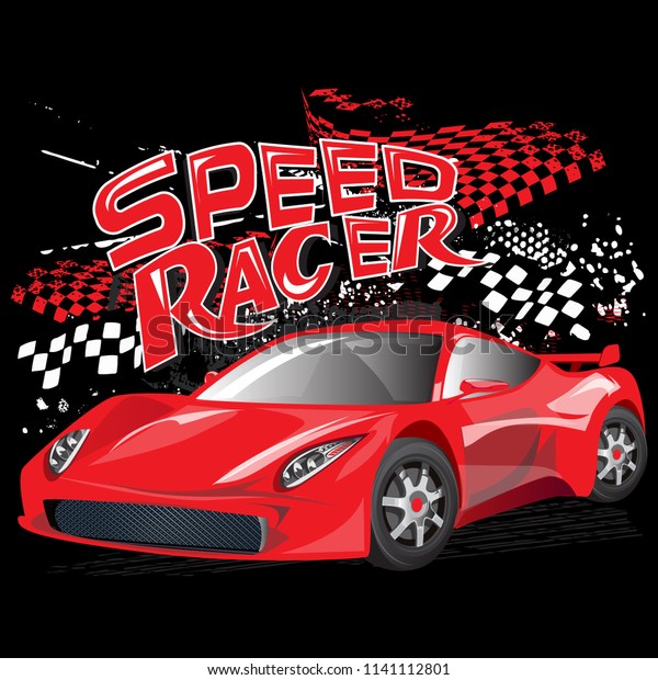 Speed racer poster with red\
sport car, flag, dirty spray pint ink. Automobile illustration.\
boys background  For print, baby clothes, t shirt, child or\
posters