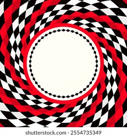 Speed racing checkered flag, spiral hypnotic swirl background, optical illusion movement, vector illustration opt art style, abstract geometric, psychedelic vortex background, black red white colors