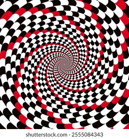 Speed racing checkered flag, spiral hypnotic swirl background, optical illusion movement, vector illustration opt art style, abstract geometric, psychedelic vortex background, black red white colors