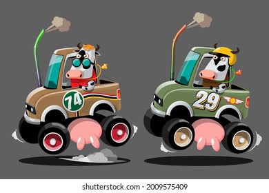 In speed racing game competition cow driver player used high speed car for win in racing game. Competition e-sport car racing concept. Vector illustration in 3d style design