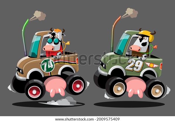 In speed racing\
game competition cow driver player used high speed car for win in\
racing game. Competition e-sport car racing concept. Vector\
illustration in 3d style\
design