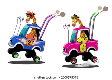 In Speed Racing Game Competition Giraffe Driver Player Used High Speed Car For Win In Racing Game. Competition E-sport Car Racing Concept. Vector Illustration In 3d Style Design