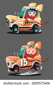 In speed racing game competition pig driver player used high speed car for win in racing game. Competition e-sport car racing concept. Vector illustration in 3d style design