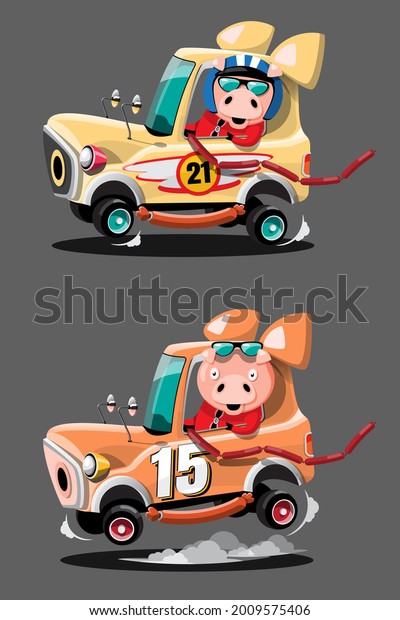 In speed racing\
game competition pig driver player used high speed car for win in\
racing game. Competition e-sport car racing concept. Vector\
illustration in 3d style\
design