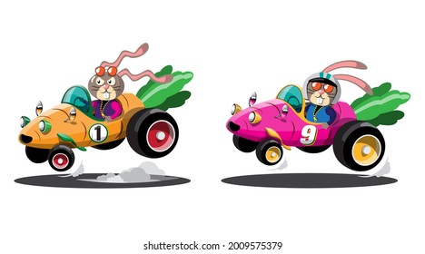 In speed racing game competition rabbit driver player used high speed car for win in racing game. Competition e-sport car racing concept. Vector illustration in 3d style design