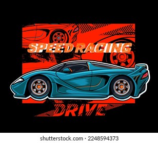 Afiche de carreras de velocidad con texto. Ilustración futurista del coche deportivo. Diseño de camisetas para carreras