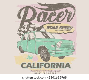 Speed racing print design for t shirt print, poster, sticker, background and other uses. Road speed. Speedway graphic print design. California racing.