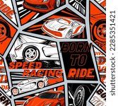 Speed racing seamless pattern with sport car drawing in comics style. Linear illustration cars. Race car repeat print. Lettering composition. Orange, Black and white automobiles art for wrapping paper