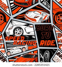 Speed racing seamless pattern with sport car drawing in comics style. Linear illustration cars. Race car repeat print. Lettering composition. Orange, Black and white automobiles art for wrapping paper