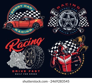 Speed racing set flyers colorful with drag competition champion holding gold cup and sports car wheels vector illustration