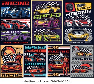 Speed racing set stickers colorful high-speed cars and checkered flags near racers in protective clothing for extreme tournaments vector illustration