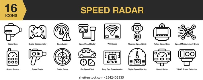 Conjunto de iconos de radar de velocidad. Incluye velocímetro, sensor, radar, wifi, alerta, GPS, carretera, parpadeo y más. Colección de Vector de iconos de contorno.