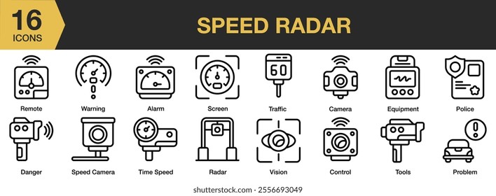 Speed Radar icon set. Includes screen, traffic, camera, equipment, police, control, tools, and More. Outline icons vector collection.