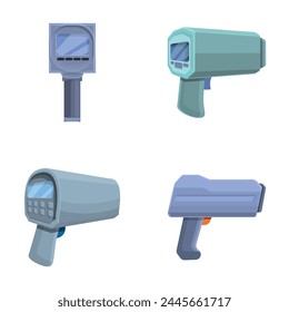 Speed radar icons set cartoon vector. Modern digital speed radar equipment. Limit speed tool