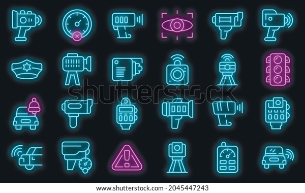 Speed radar icons set. Outline set of speed\
radar vector icons neon color on\
black