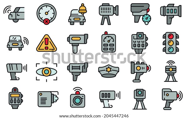 Speed radar icons set.\
Outline set of speed radar vector icons thin line color flat\
isolated on white