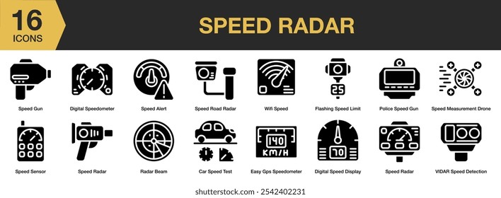 Radar de velocidad conjunto de iconos sólidos. Incluye velocímetro, sensor, radar, wifi, alerta, GPS, carretera, parpadeo y más. Colección de Vector de iconos sólidos.