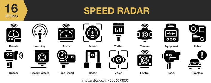 Speed Radar solid icon set. Includes screen, traffic, camera, equipment, police, control, tools, and More. Solid icons vector collection.