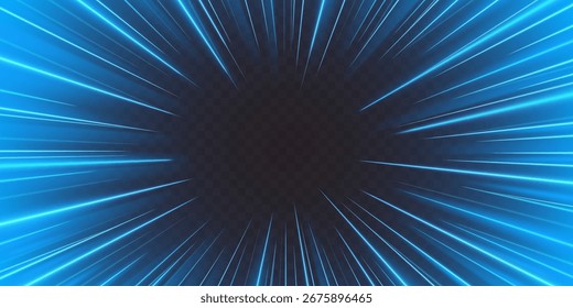 Speed ray anime background with blue neon lines radiating from center for dynamic motion effects. Glowing streaks and energy burst pattern for action scenes or futuristic digital presentations.