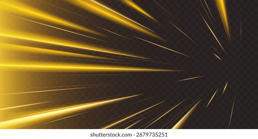 Speed ray anime effect with golden light streaks and motion lines on dark background for dynamic scenes. Fast movement burst with glowing beams radiating outward. Action element for manga bg.