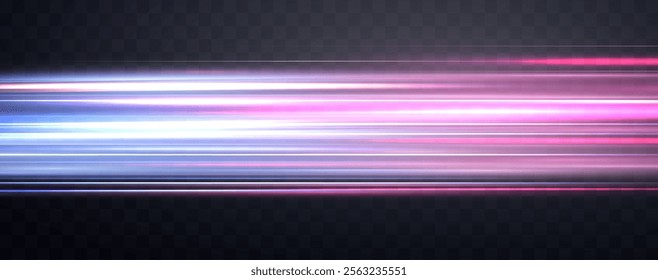 Speed rays, light neon flow, zoom in motion effect, blue and pink glow speed lines, colorful light trails, perspective stripes. Abstract background, vector illustration.