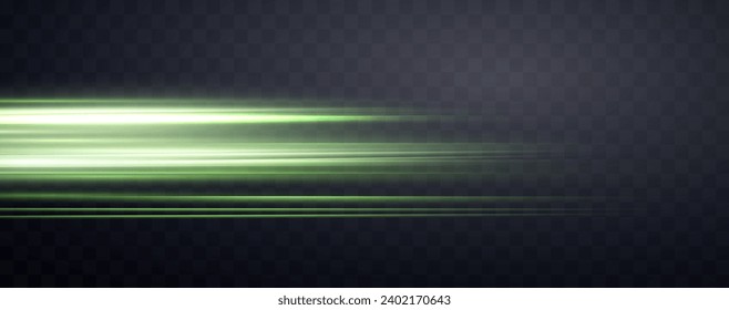 Speed rays, velocity light neon flow, zoom in motion effect, green glow speed lines, colorful light trails, stripes. Abstract background, vector illustration.
