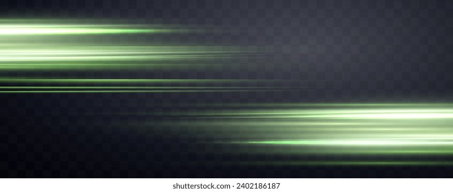 Speed rays, velocity light neon flow, zoom in motion effect, green glow speed lines, colorful light trails, stripes. Abstract background, vector illustration.