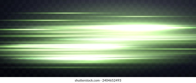 Speed rays, velocity light neon flow, zoom in motion effect, green glow speed lines, colorful light trails, stripes. Abstract background, vector illustration.