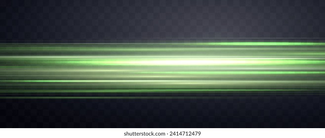 Speed rays, velocity light neon flow, zoom in motion effect, green glow speed lines, colorful light trails, stripes. Abstract background, vector illustration.