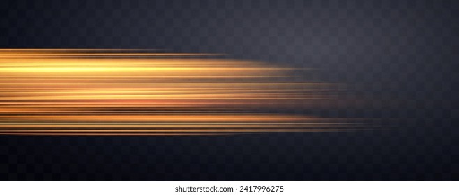 Speed rays, velocity light neon flow, zoom in motion effect, orange glow speed lines, colorful light trails, stripes. Abstract background, vector illustration.