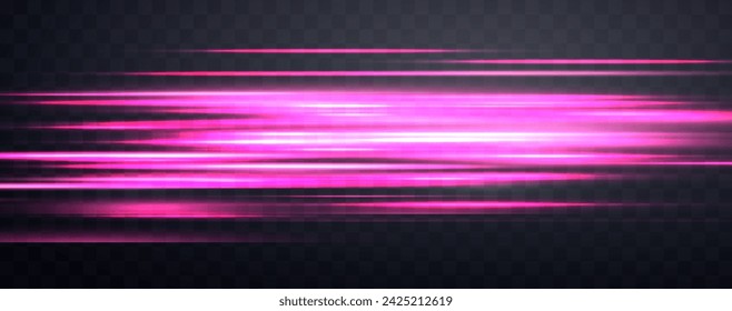 Geschwindigkeitsstrahlen, Velocity Light Neon Flow, Zoom-in-Motion-Effekt, rosa Glow-Speed-Linien, bunte Lichtspuren, Streifen. Abstrakter Hintergrund, Vektorgrafik.