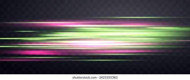 Speed rays, velocity light neon flow, zoom in motion effect, green and pink glow speed lines, colorful light trails, stripes. Abstract background, vector illustration.