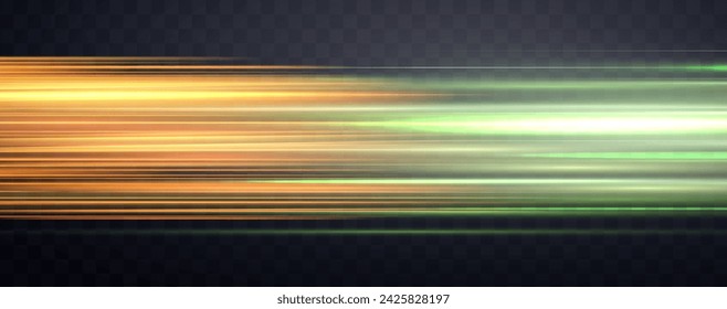 Speed rays, velocity light neon flow, zoom in motion effect, green and orange glow speed lines, colorful light trails, stripes. Abstract background, vector illustration.