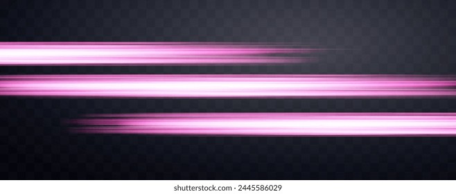 Speed rays, velocity light neon flow, zoom in motion effect, pink glow speed lines, colorful light trails, stripes. Abstract background, vector illustration.