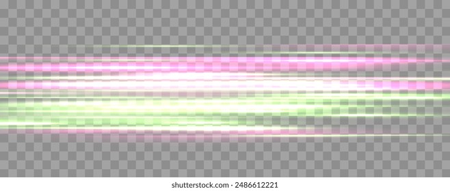 Rayos de velocidad, flujo de neón de luz de velocidad, efecto de zoom en movimiento, líneas de velocidad de resplandor rosa y verde, rayas de luz coloridas, rayas. Fondo Abstractas, Ilustración vectorial.