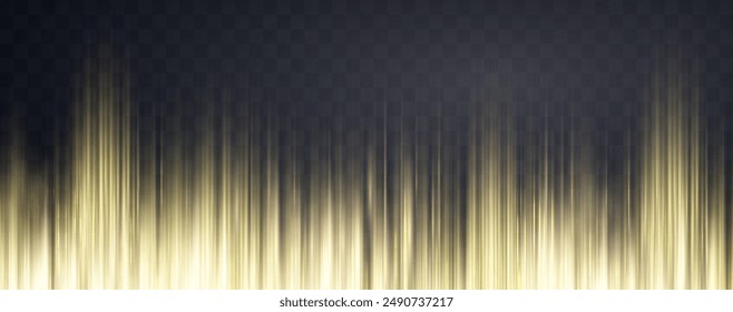 Geschwindigkeitsstrahlen, Velocity Light Neon Flow, Zoom in Motion Effekt, Gold Glow Speed Linien, bunte Lichtspuren, Streifen. Abstrakter Hintergrund, Vektorillustration.